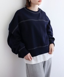 裏毛配色ステッチ長袖スウェットトップス