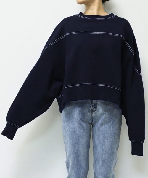 andme（アンドミー）の「裏毛配色ステッチ長袖スウェットトップス（スウェット・レディース・ブラック/チャコールグレー/ホワイト/グリーン/オートミール/ネイビー/アイボリー系/ブルー/ブラウン/グレー系その他・S/M）」の11枚目の写真