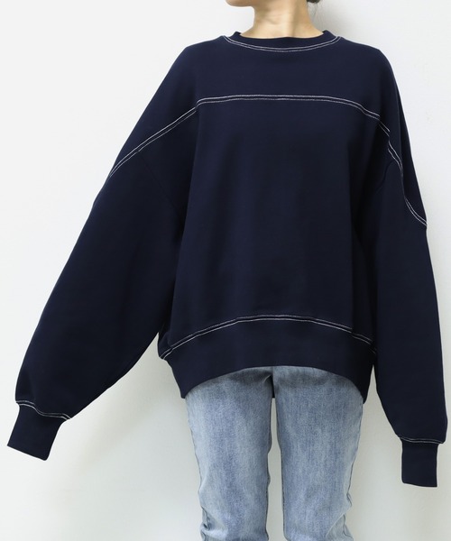 andme（アンドミー）の「裏毛配色ステッチ長袖スウェットトップス（スウェット・レディース・ブラック/チャコールグレー/ホワイト/グリーン/オートミール/ネイビー/アイボリー系/ブルー/ブラウン/グレー系その他・S/M）」の14枚目の写真