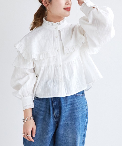 w closet(ダブルクローゼット)の「フリル切替スタンドカラーブラウス(シャツ/ブラウス・レディース・オフホワイト/イエロー・FREE)」の4枚目の写真