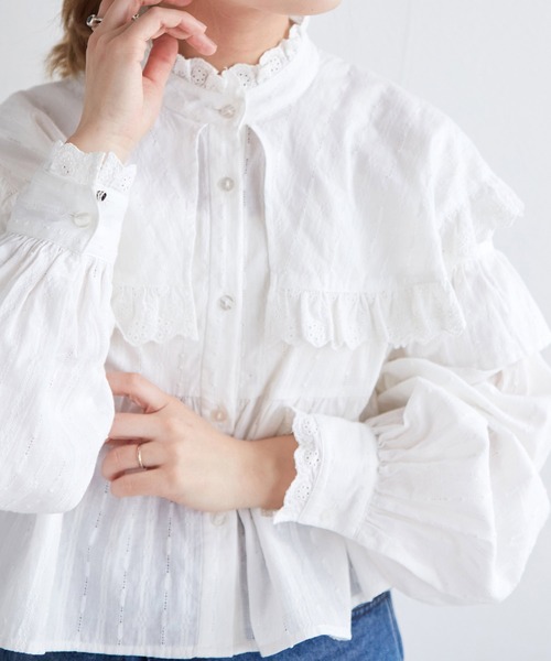 w closet(ダブルクローゼット)の「フリル切替スタンドカラーブラウス(シャツ/ブラウス・レディース・オフホワイト/イエロー・FREE)」の9枚目の写真