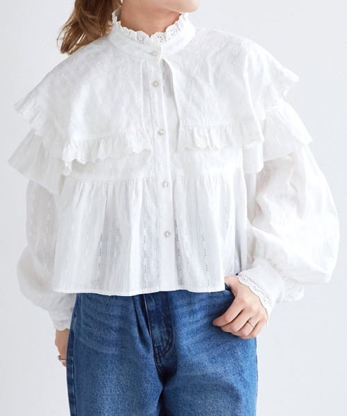 w closet(ダブルクローゼット)の「フリル切替スタンドカラーブラウス(シャツ/ブラウス・レディース・オフホワイト/イエロー・FREE)」の10枚目の写真