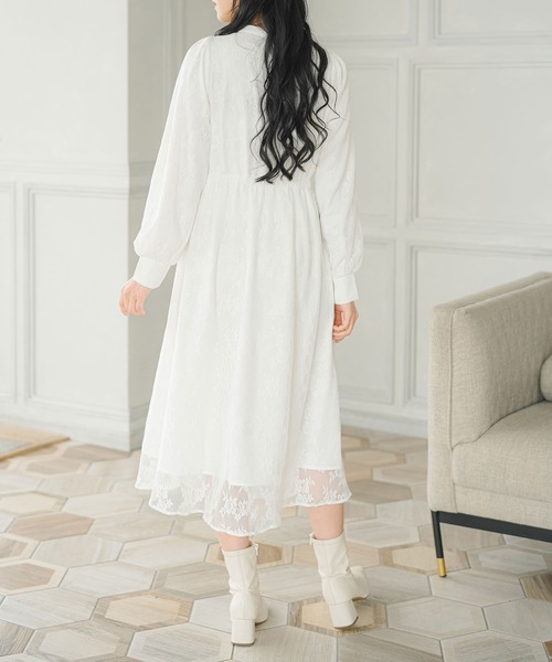 【定価49,500円】ヤマダヤ　レースとリボンのワンピース　ホワイト　M セール】総レースリボンタイワンピース（ワンピース）｜Newlyme