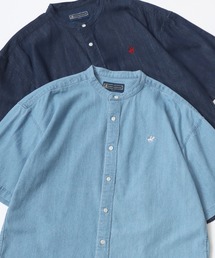 BEVERLY HILLS POLO CLUB/ビバリーヒルズポロクラブ オーバーサイズ コットン ツイル デニム ワンポイント刺繍 バンドカラー 半袖シャツ