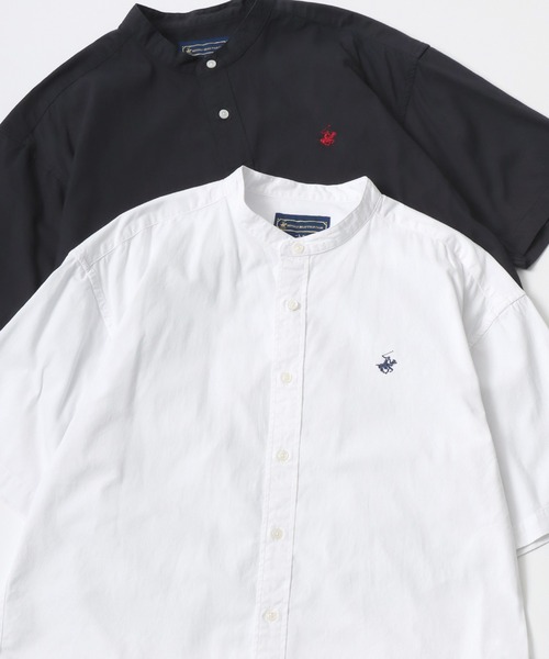 BEVERLY HILLS POLO CLUB(ビバリーヒルズポロクラブ)の「BEVERLY HILLS POLO CLUB/ビバリーヒルズポロクラブ オーバーサイズ コットン ツイル デニム ワンポイント刺繍 バンドカラー 半袖シャツ(シャツ/ブラウス・メンズ・ホワイト/インディゴブルー/ライトインディゴブルー/スミクロ・M/L/LL)」の1枚目の写真