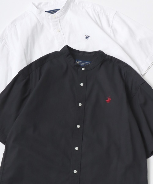 BEVERLY HILLS POLO CLUB(ビバリーヒルズポロクラブ)の「BEVERLY HILLS POLO CLUB/ビバリーヒルズポロクラブ オーバーサイズ コットン ツイル デニム ワンポイント刺繍 バンドカラー 半袖シャツ(シャツ/ブラウス・メンズ・ホワイト/インディゴブルー/ライトインディゴブルー/スミクロ・M/L/LL)」の2枚目の写真