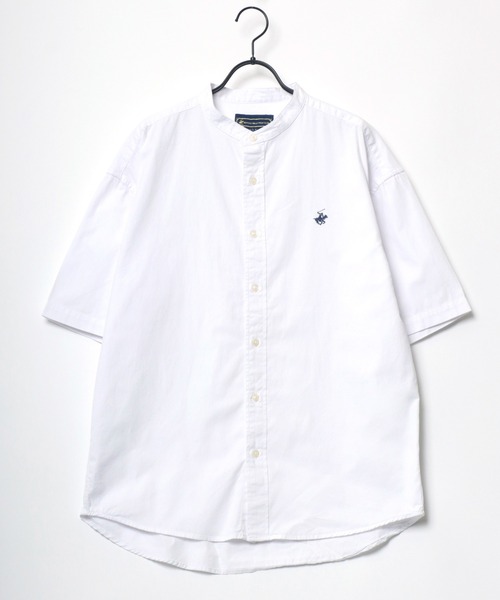 BEVERLY HILLS POLO CLUB(ビバリーヒルズポロクラブ)の「BEVERLY HILLS POLO CLUB/ビバリーヒルズポロクラブ オーバーサイズ コットン ツイル デニム ワンポイント刺繍 バンドカラー 半袖シャツ(シャツ/ブラウス・メンズ・ホワイト/インディゴブルー/ライトインディゴブルー/スミクロ・M/L/LL)」の5枚目の写真
