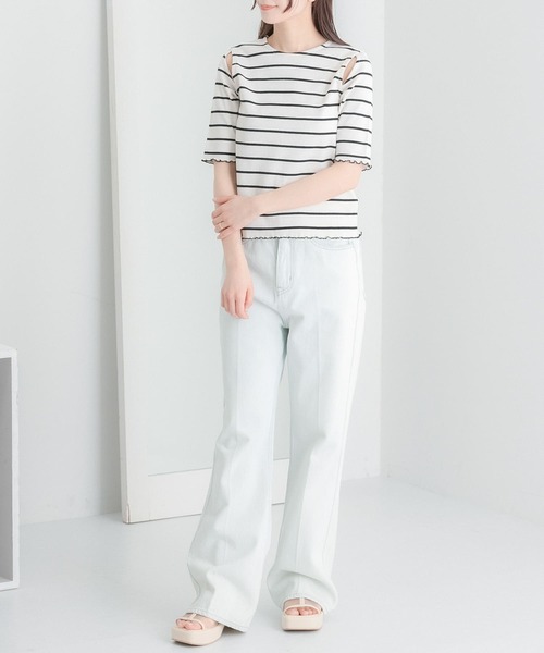 HEYUMM（ヘユム）の「カットアウトメロートップ(5分袖)（Tシャツ/カットソー・レディース・ホワイト系その他/アイボリー/ブラック・ONE）」の6枚目の写真