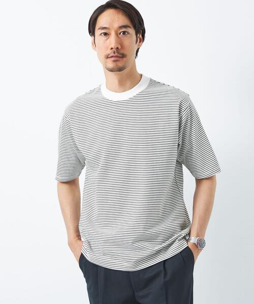 green label relaxing(グリーンレーベルリラクシング)の「COMFY COOL ボーダー クルーネック Tシャツ -接触冷感・吸水速乾-(Tシャツ/カットソー・メンズ・ホワイト/ネイビー・S/M/L/XL)」の1枚目の写真