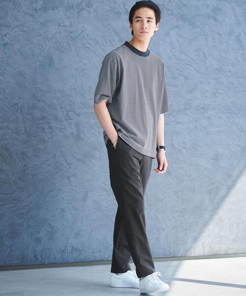 green label relaxing(グリーンレーベルリラクシング)の「COMFY COOL ボーダー クルーネック Tシャツ -接触冷感・吸水速乾-(Tシャツ/カットソー・メンズ・ホワイト/ネイビー・S/M/L/XL)」の10枚目の写真