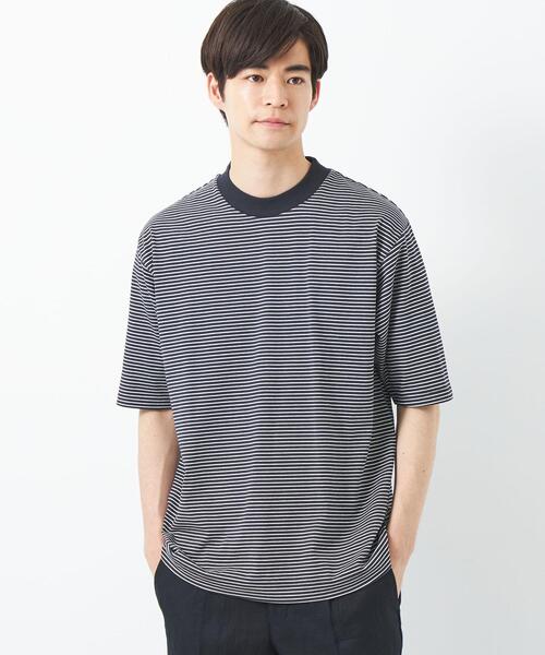 green label relaxing(グリーンレーベルリラクシング)の「COMFY COOL ボーダー クルーネック Tシャツ -接触冷感・吸水速乾-(Tシャツ/カットソー・メンズ・ホワイト/ネイビー・S/M/L/XL)」の9枚目の写真