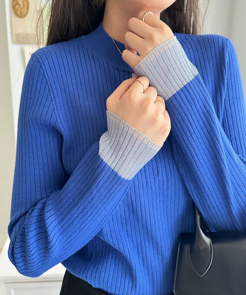 GeeRA(ジーラ)の「袖口シアーハイネックリブニットトップス(ニット/セーター・レディース・モカ/ブルー/オフホワイト/ブラック・X-LARGE/SMALL/MEDIUM/LARGE)」の4枚目の写真
