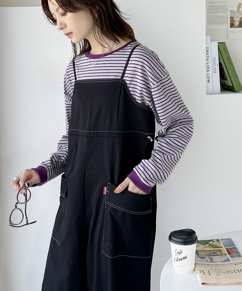 Java(ジャバ)の「《Javaジャバコラボ》1枚で旬な着こなしが完成。配色ステッチ ミリタリーサロペット(サロペット/オーバーオール・レディース・ブラック/カーキ・X-LARGE/SMALL/MEDIUM/LARGE)」の4枚目の写真