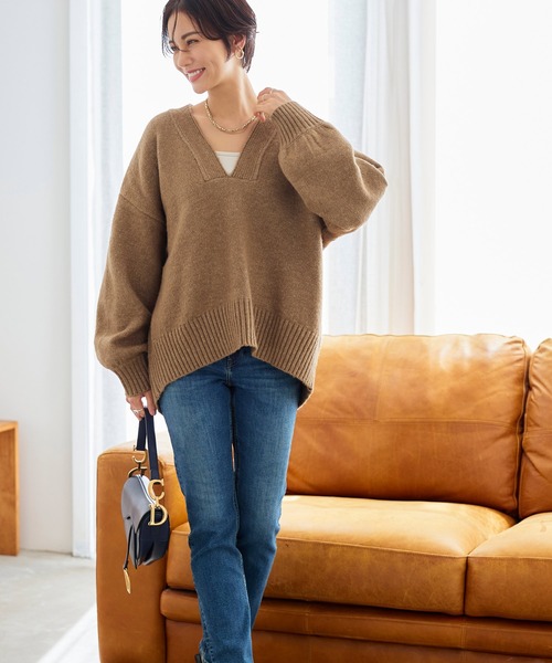 【セール】洗える ｜Vネックオーバーサイズニットプルオーバー ｜ Vネック トップス 長袖 ベーシック シンプル オーバーサイズ ビッグシルエット（ニット/セーター）｜RUIRUE BOUTIQUE（ルイルエブティック）