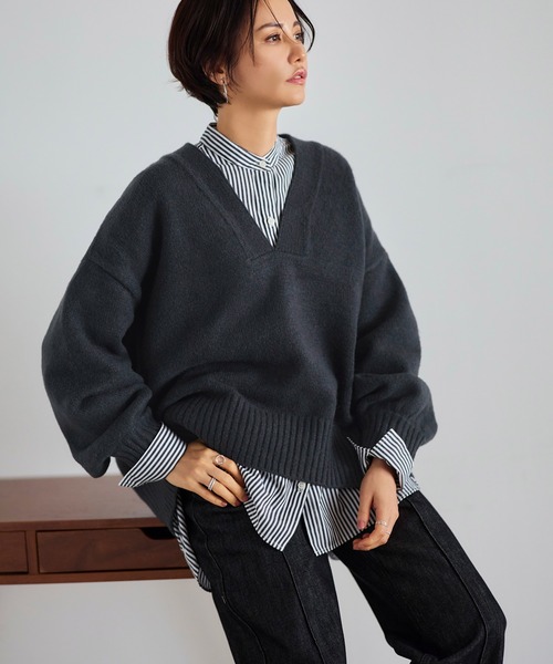 【セール】洗える ｜Vネックオーバーサイズニットプルオーバー ｜ Vネック トップス 長袖 ベーシック シンプル オーバーサイズ ビッグシルエット（ニット/セーター）｜RUIRUE BOUTIQUE（ルイルエブティック）