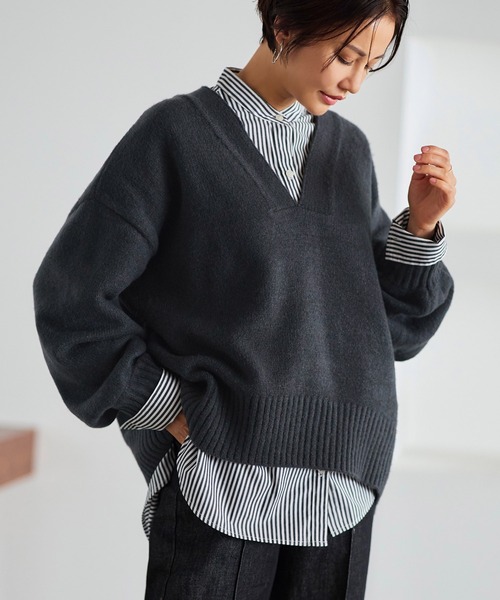 【セール】洗える ｜Vネックオーバーサイズニットプルオーバー ｜ Vネック トップス 長袖 ベーシック シンプル オーバーサイズ ビッグシルエット（ニット/セーター）｜RUIRUE BOUTIQUE（ルイルエブティック）