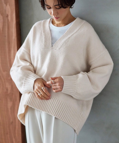 【セール】洗える ｜Vネックオーバーサイズニットプルオーバー ｜ Vネック トップス 長袖 ベーシック シンプル オーバーサイズ ビッグシルエット（ニット/セーター）｜RUIRUE BOUTIQUE（ルイルエブティック）