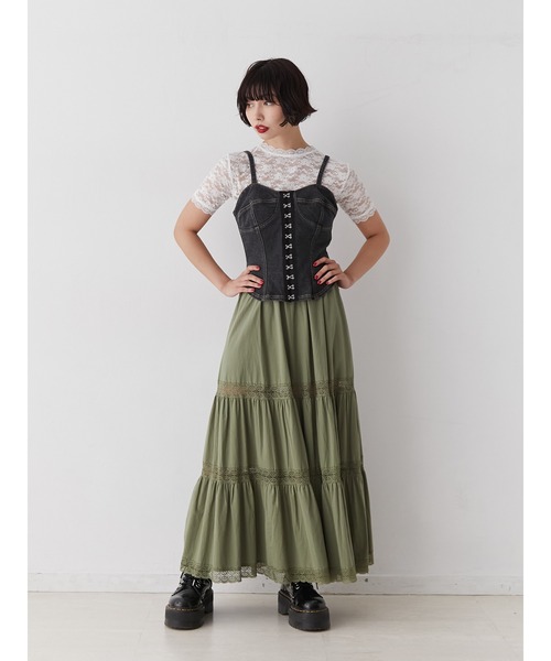 セール】レースドッキングティアードロングスカート（スカート