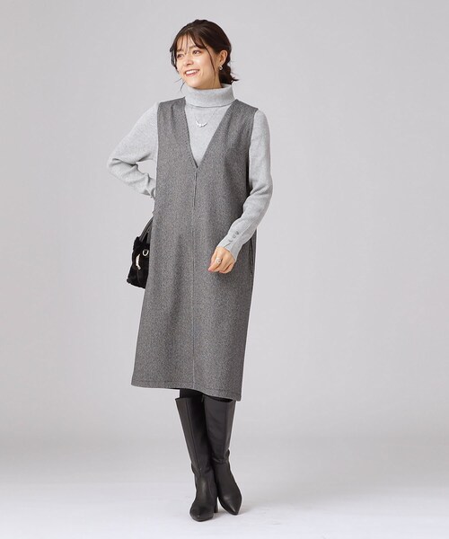 SHOO・LA・RUE(シューラルー)の「◆低身長さんにも ウール調Vネックジャンスカ(ワンピース・レディース・ブラック系7/ブラック/チャコール・02/03/04)」の10枚目の写真