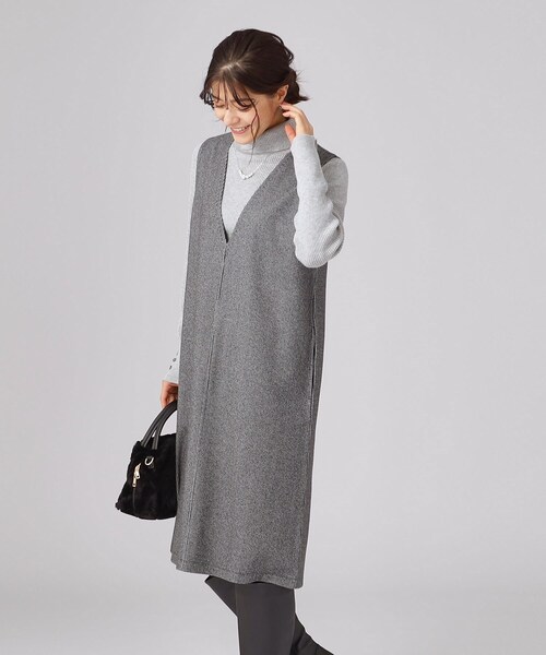 SHOO・LA・RUE(シューラルー)の「◆低身長さんにも ウール調Vネックジャンスカ(ワンピース・レディース・ブラック系7/ブラック/チャコール・02/03/04)」の12枚目の写真