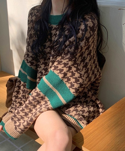 Miniministore(ミニミニストア)の「千鳥柄ニットトップス 秋冬長袖韓国ニット(ニット/セーター・レディース・ブラック/ブラウン/ベージュ・フリー)」の4枚目の写真