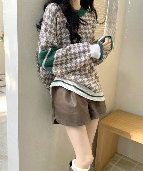 Miniministore(ミニミニストア)の「千鳥柄ニットトップス 秋冬長袖韓国ニット(ニット/セーター・レディース・ブラック/ブラウン/ベージュ・フリー)」の9枚目の写真