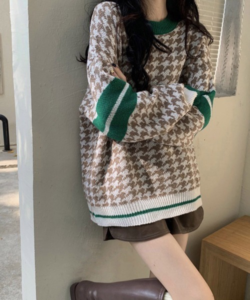 Miniministore(ミニミニストア)の「千鳥柄ニットトップス 秋冬長袖韓国ニット(ニット/セーター・レディース・ブラック/ブラウン/ベージュ・フリー)」の10枚目の写真
