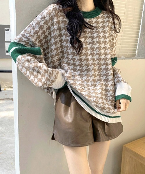 Miniministore(ミニミニストア)の「千鳥柄ニットトップス 秋冬長袖韓国ニット(ニット/セーター・レディース・ブラック/ブラウン/ベージュ・フリー)」の11枚目の写真