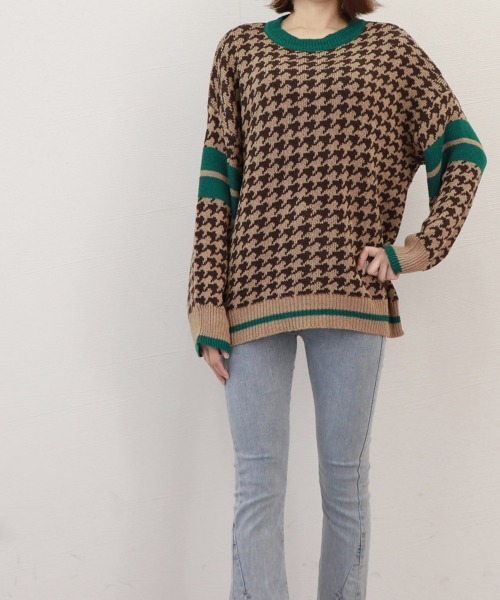 Miniministore(ミニミニストア)の「千鳥柄ニットトップス 秋冬長袖韓国ニット(ニット/セーター・レディース・ブラック/ブラウン/ベージュ・フリー)」の15枚目の写真