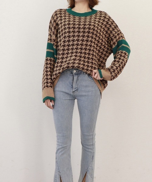 Miniministore(ミニミニストア)の「千鳥柄ニットトップス 秋冬長袖韓国ニット(ニット/セーター・レディース・ブラック/ブラウン/ベージュ・フリー)」の16枚目の写真