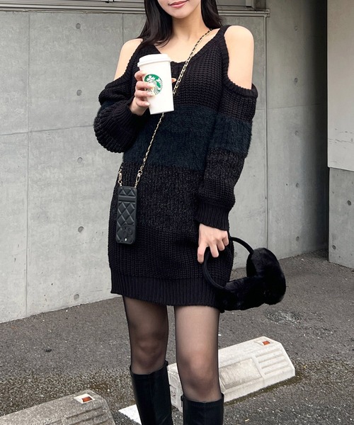 ROYAL PARTY(ロイヤルパーティー)の「ハイブリット肩開きニットミニワンピース(ワンピース・レディース・オフホワイト/パープル/ブラック・FREE)」の7枚目の写真
