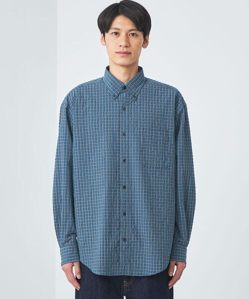 green label relaxing（グリーンレーベルリラクシング）の「FINE BASIC クリンプ チェック ビッグ ボタンダウン ネイビー シャツ（シャツ/ブラウス・メンズ・ネイビー・S/M/L/XL/XXL）」の3枚目の写真