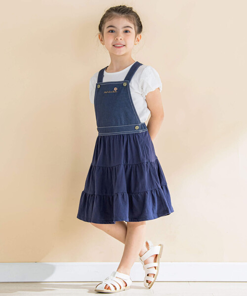 Noeil aime BeBe(ノイユエイムベベ)の「カラーデニム天竺ティアードジャンパースカート(80~130cm)(ワンピース・キッズ・グリーン/ネイビー・120cm/130cm/100cm/110cm/90cm)」の5枚目の写真