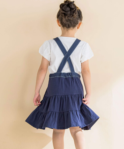 Noeil aime BeBe(ノイユエイムベベ)の「カラーデニム天竺ティアードジャンパースカート(80~130cm)(ワンピース・キッズ・グリーン/ネイビー・120cm/130cm/100cm/110cm/90cm)」の7枚目の写真
