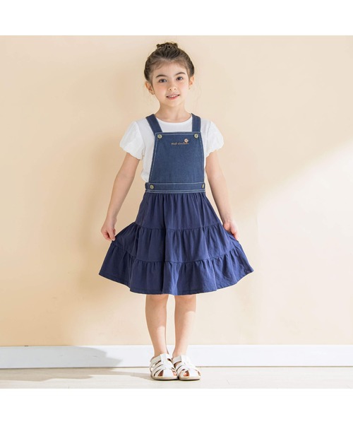 Noeil aime BeBe(ノイユエイムベベ)の「カラーデニム天竺ティアードジャンパースカート(80~130cm)(ワンピース・キッズ・グリーン/ネイビー・120cm/130cm/100cm/110cm/90cm)」の3枚目の写真