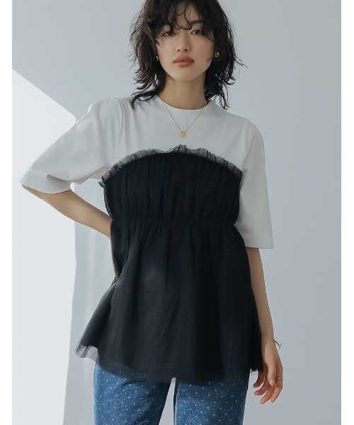Re:EDIT（リエディ）の「[2024SS COLLECTION]ギャザーチュールドッキングTシャツ（Tシャツ/カットソー・レディース・ブラック×ブラック/ホワイト×グレー/ホワイト×ブラック・MEDIUM/LARGE）」の2枚目の写真