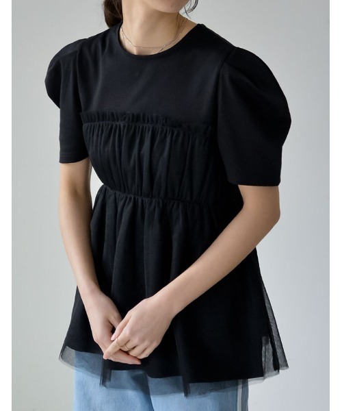 Re:EDIT（リエディ）の「[2024SS COLLECTION]ギャザーチュールドッキングTシャツ（Tシャツ/カットソー・レディース・ブラック×ブラック/ホワイト×グレー/ホワイト×ブラック・MEDIUM/LARGE）」の6枚目の写真