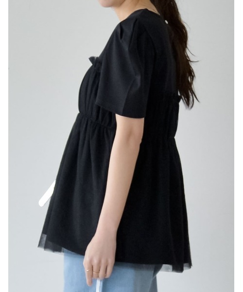 Re:EDIT（リエディ）の「[2024SS COLLECTION]ギャザーチュールドッキングTシャツ（Tシャツ/カットソー・レディース・ブラック×ブラック/ホワイト×グレー/ホワイト×ブラック・MEDIUM/LARGE）」の7枚目の写真