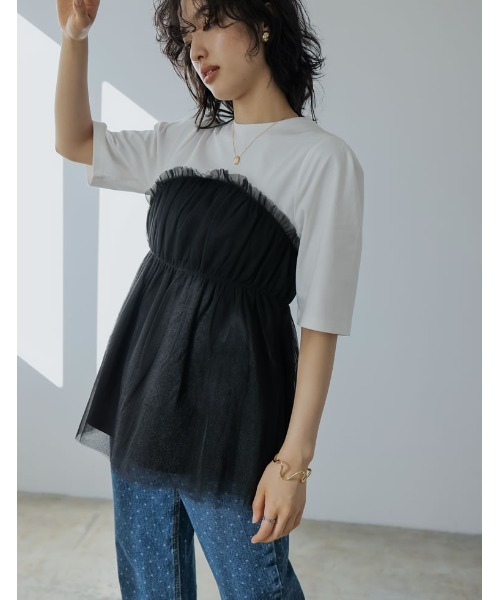 Re:EDIT（リエディ）の「[2024SS COLLECTION]ギャザーチュールドッキングTシャツ（Tシャツ/カットソー・レディース・ブラック×ブラック/ホワイト×グレー/ホワイト×ブラック・MEDIUM/LARGE）」の12枚目の写真