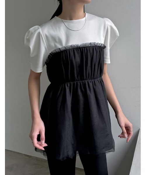 Re:EDIT（リエディ）の「[2024SS COLLECTION]ギャザーチュールドッキングTシャツ（Tシャツ/カットソー・レディース・ブラック×ブラック/ホワイト×グレー/ホワイト×ブラック・MEDIUM/LARGE）」の16枚目の写真