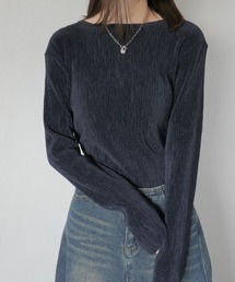 ふくれジャガードボートネックトップス/wrinkle boat neck top しわ加工 くしゅくしゅ カットソー 長袖 ワッシャー シンプル カジュアル ボートネック クルーネック