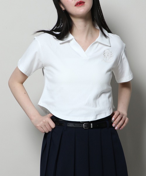 YOUTHKREW(ユースクルー)の「YOUTHKREW/オープンPOLO T 2122431(Tシャツ/カットソー・レディース・ブラック/ホワイト・FREE)」の2枚目の写真
