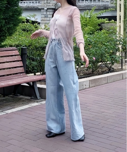 clear（クリア）の「ラメシアーリボン付き長袖カーディガン［レイヤード 羽織り カジュアル］≪再入荷≫（カーディガン/ボレロ・レディース・サックスブルー/ライトベージュ/ピンク/ミント・F）」の13枚目の写真