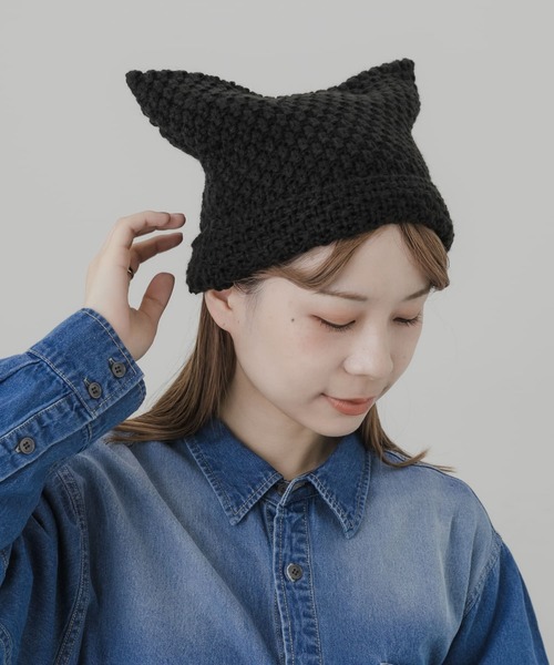 SMELLY（スメリー）の「ネコミミワッチキャップ（ニットキャップ/ビーニー・レディース・ブラック/ホワイト・-）」の7枚目の写真