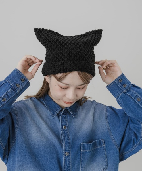 SMELLY（スメリー）の「ネコミミワッチキャップ（ニットキャップ/ビーニー・レディース・ブラック/ホワイト・-）」の8枚目の写真