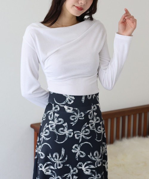 トップス　フラワー ドレープネック ドレープネックオフショルトップス（Tシャツ/カットソー