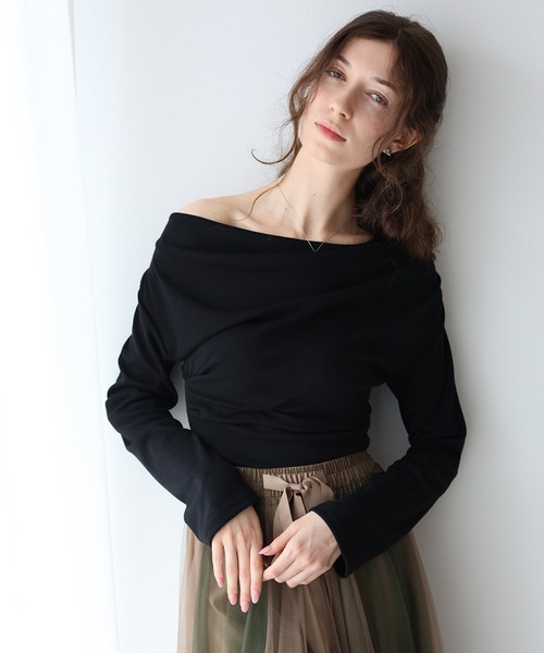 トップス　フラワー ドレープネック ドレープネックオフショルトップス（Tシャツ/カットソー