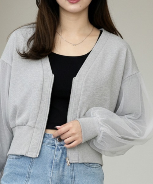 Per sist ence（パーシエンス）の「裏毛×チュールダブルジップカーディガン（カーディガン/ボレロ・レディース・オートミール/ブラック/チャコールグレー/ダークグレー/グレー・FREE）」の4枚目の写真