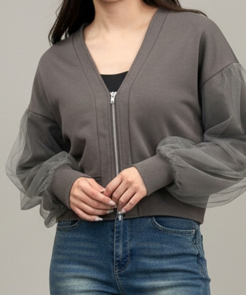 Per sist ence（パーシエンス）の「裏毛×チュールダブルジップカーディガン（カーディガン/ボレロ・レディース・オートミール/ブラック/チャコールグレー/ダークグレー/グレー・FREE）」の3枚目の写真