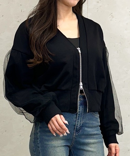 Per sist ence（パーシエンス）の「裏毛×チュールダブルジップカーディガン（カーディガン/ボレロ・レディース・オートミール/ブラック/チャコールグレー/ダークグレー/グレー・FREE）」の2枚目の写真